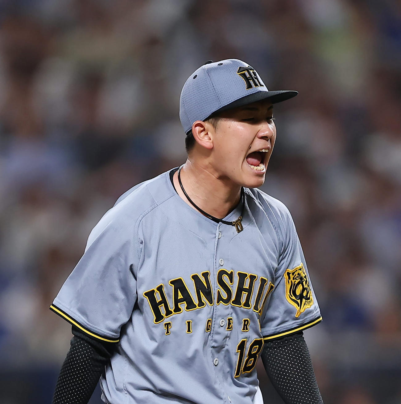 中日対阪神　6回表中日2死、高橋周を空振り三振に仕留め、雄たけびを上げる伊原（撮影・前田充）
