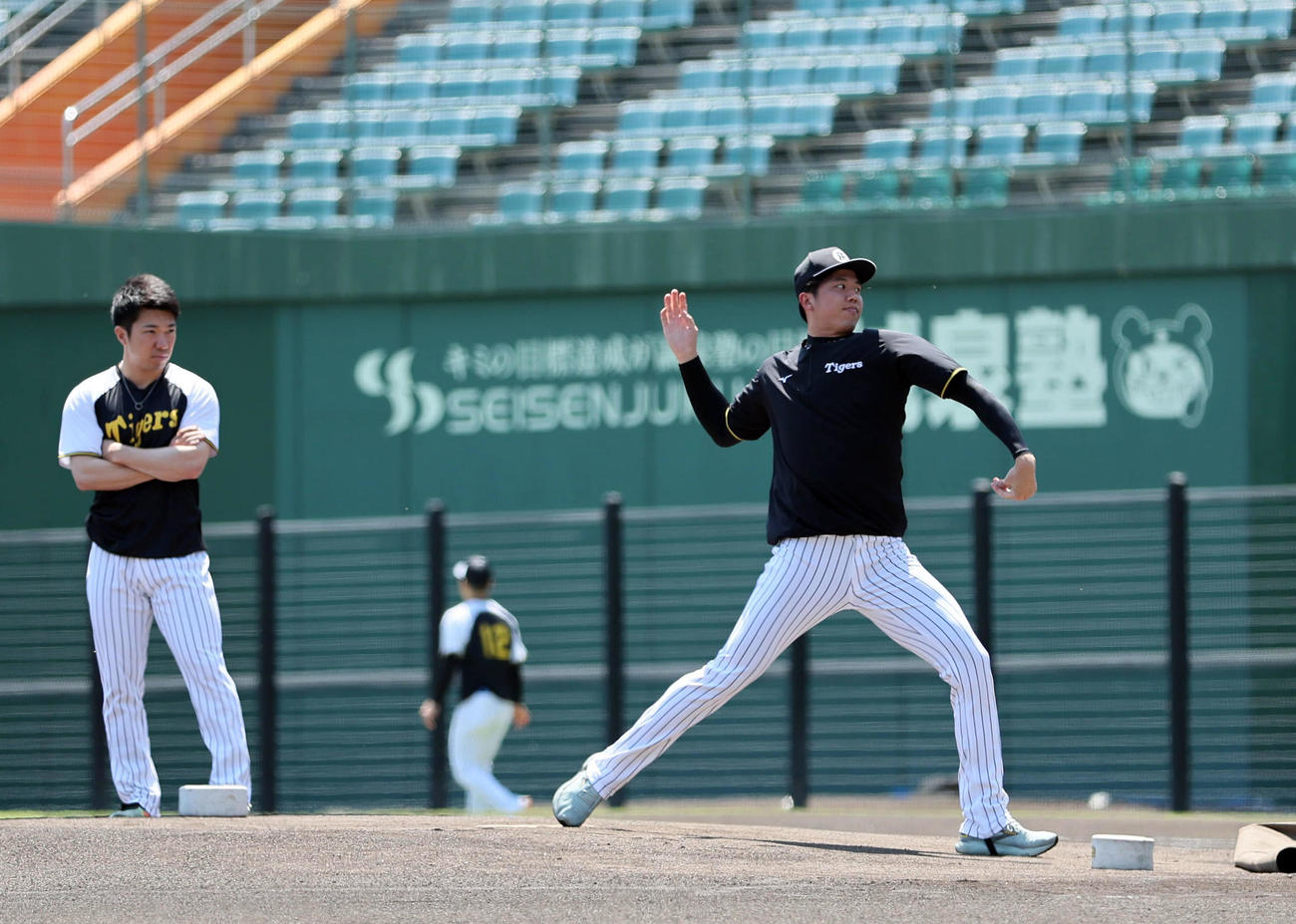 阪神対DeNA　マウンドを確認する阪神才木（撮影・宮崎幸一）