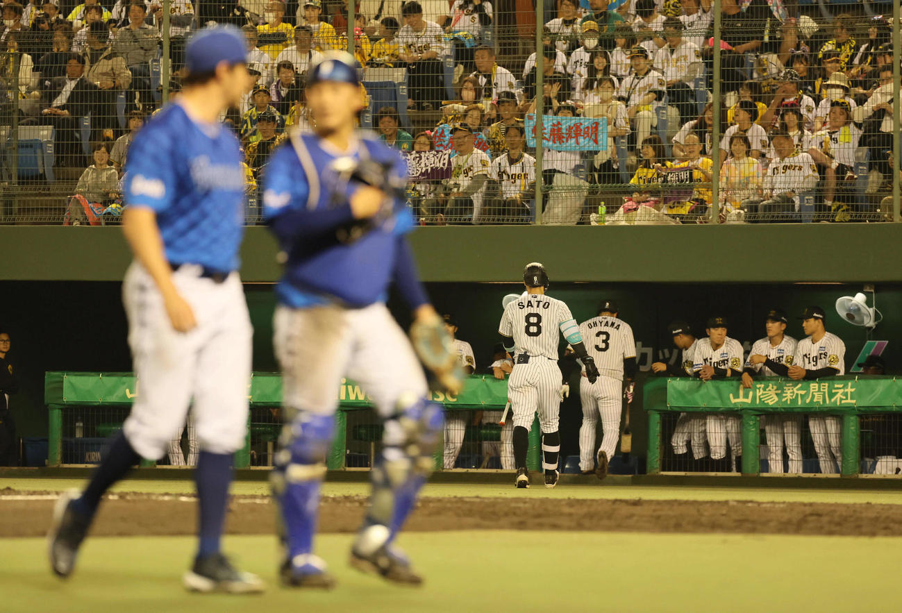 阪神対DeNA 6回裏阪神2死一、二塁、佐藤輝は空振り三振に倒れる。左手前はバウアー（撮影・宮崎幸一）