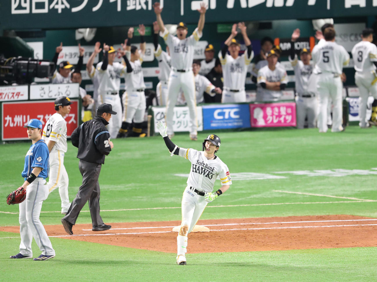 ソフトバンク対日本ハム　5回裏ソフトバンク2死、周東は右越えに同点本塁打を放つ（撮影・梅根麻紀）