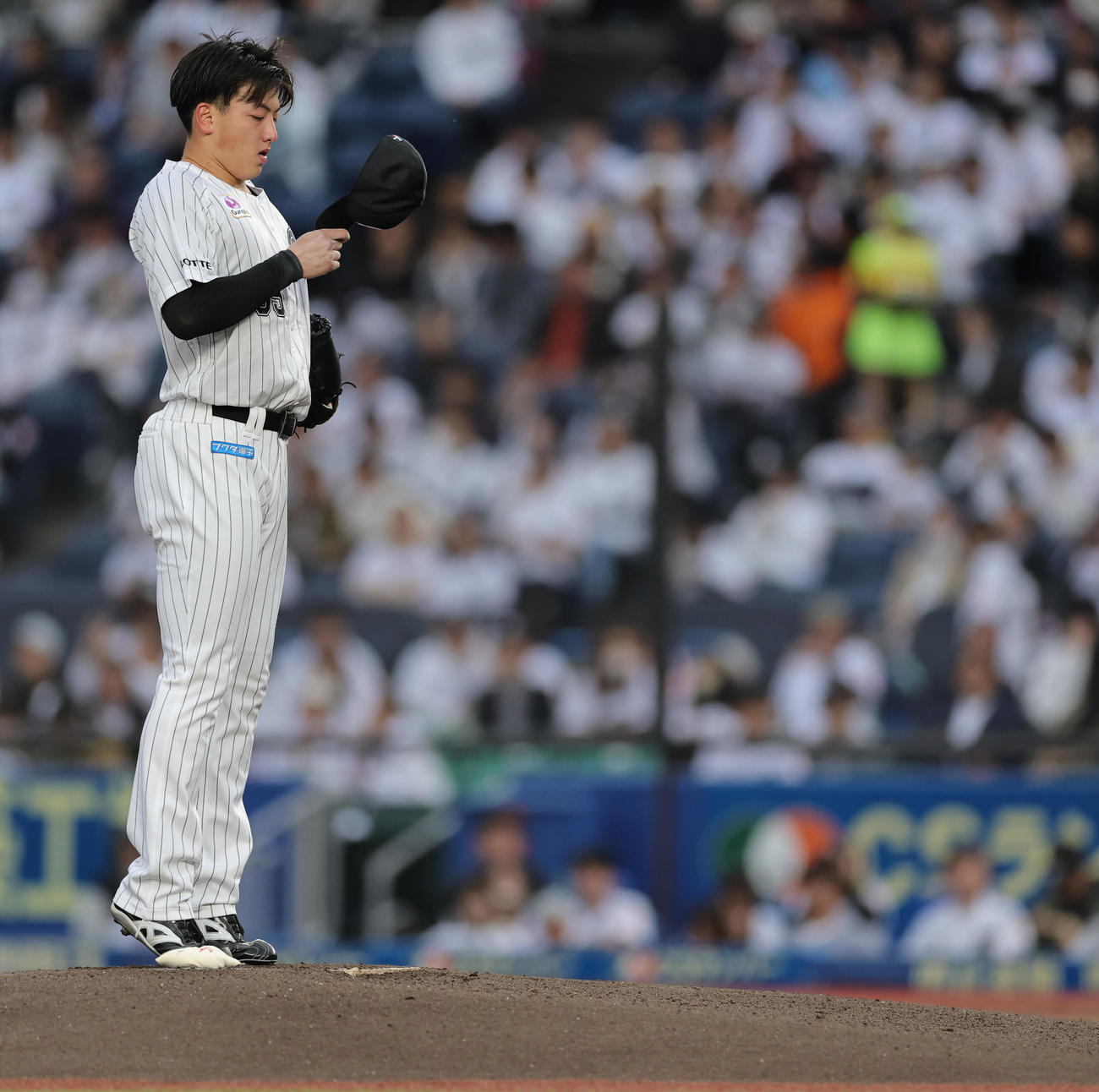 ロッテ対オリックス　プレーボールを前に帽子を見つめるロッテ先発の田中晴（撮影・野上伸悟）