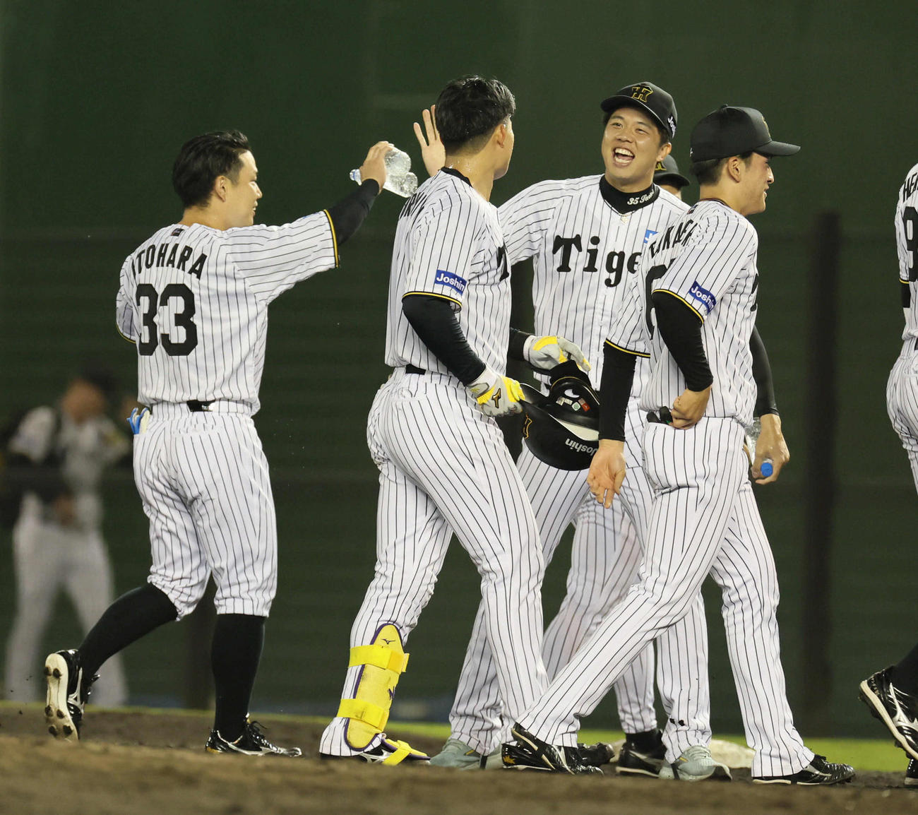 阪神対DeNA 111回裏阪神無死満塁、サヨナラ四球を選んだ森下（中央）を迎える才木（左から3人目）。左端は糸原（撮影・宮崎幸一）