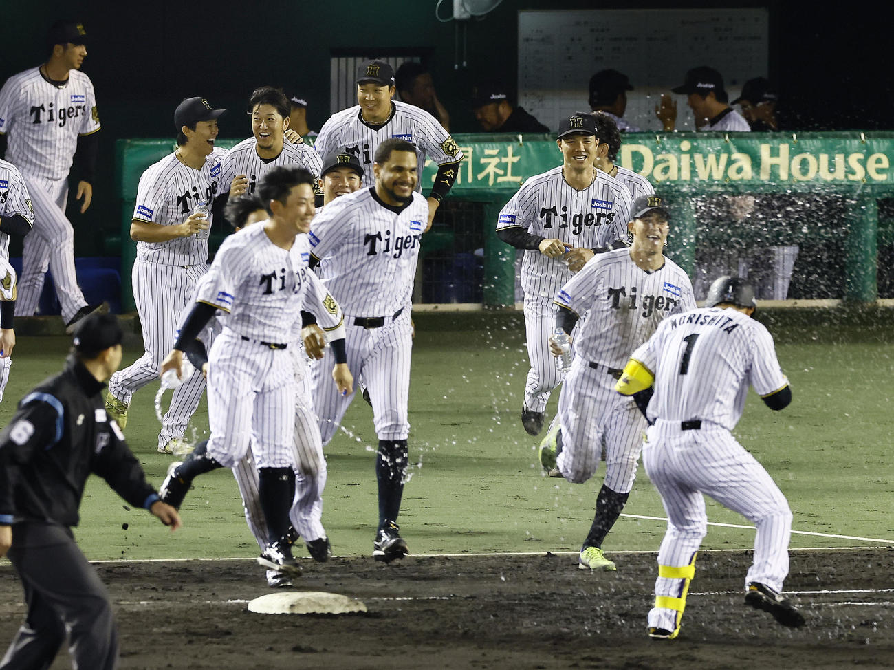 阪神対DeNA 11回裏阪神無死満塁、森下翔太の押し出し四球でサヨナラ勝ちし、肩を組んでベンチを飛び出す湯浅（奥左から2人目）と岩貞（撮影・藤尾明華）