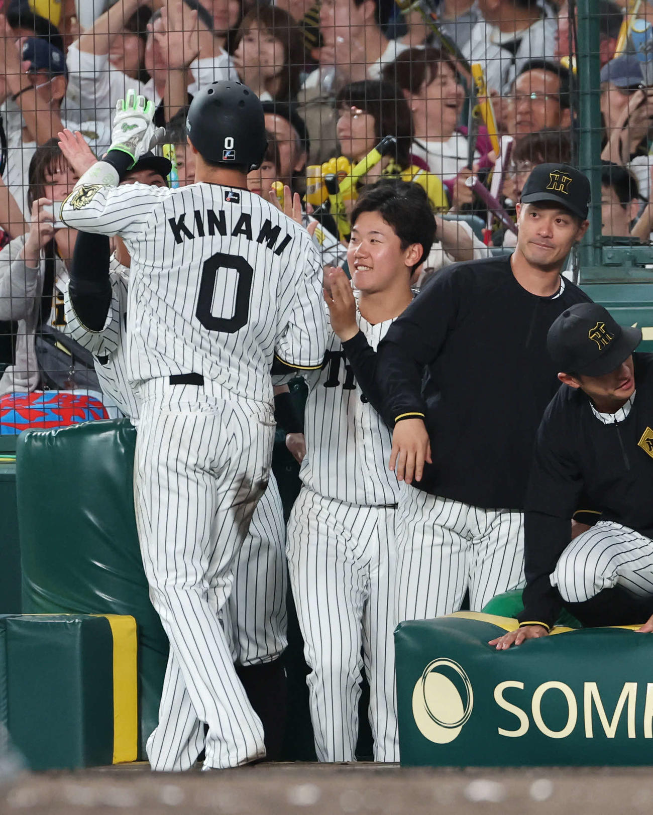 阪神対DeNA 5回裏阪神2死二塁、近本の適時打で生還した木浪（左）を迎える門別。右は坂本（撮影・西尾就之）