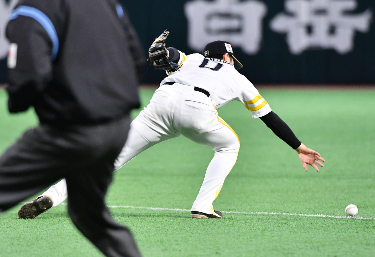 ソフトバンク対日本ハム　4回表日本ハム1死一塁、石井の二ゴロを失策する川瀬（撮影・岩下翔太）