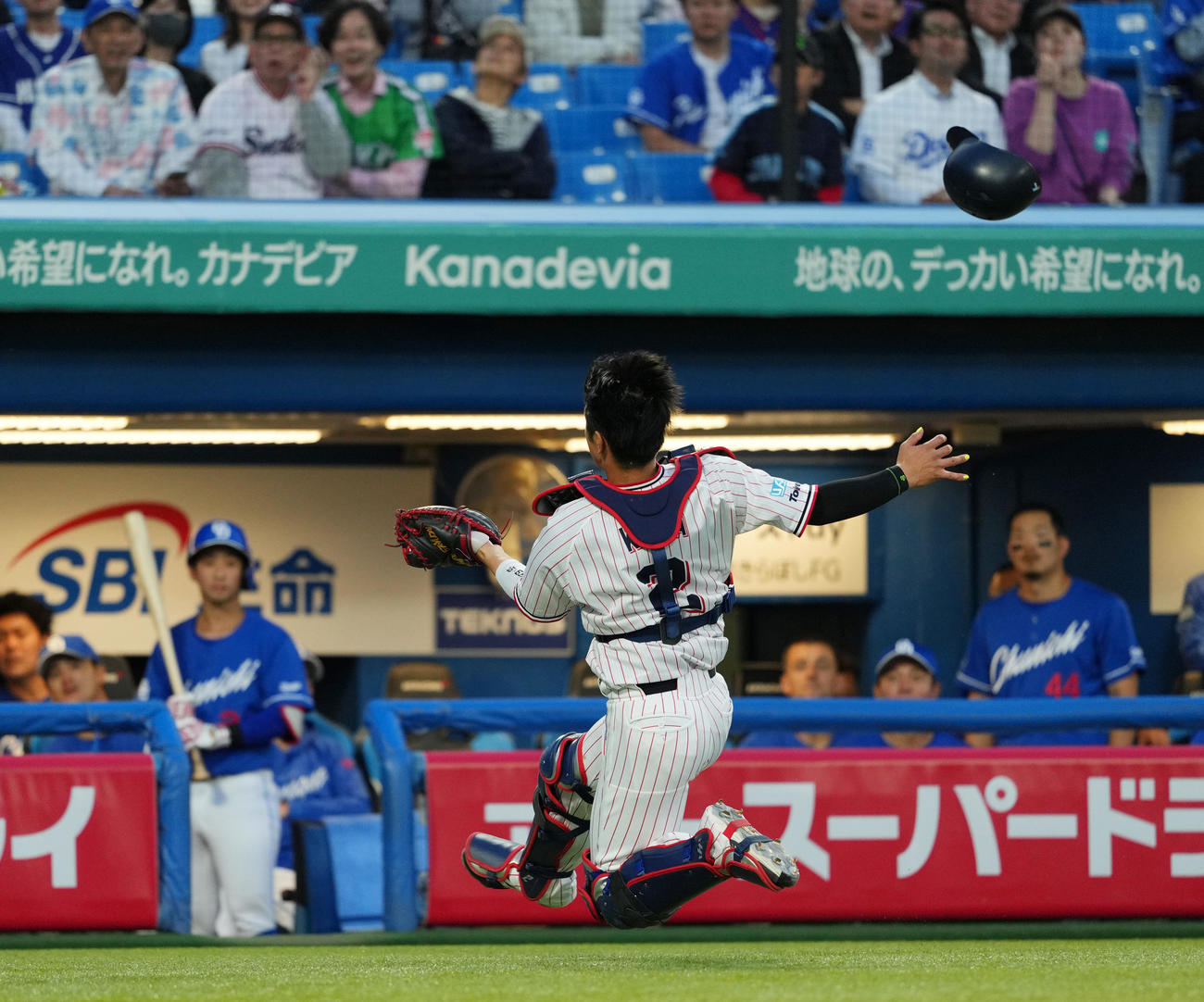 ヤクルト対中日　3回表中日無死一塁、三浦の捕邪飛を好捕する捕手古賀（撮影・菅敏）