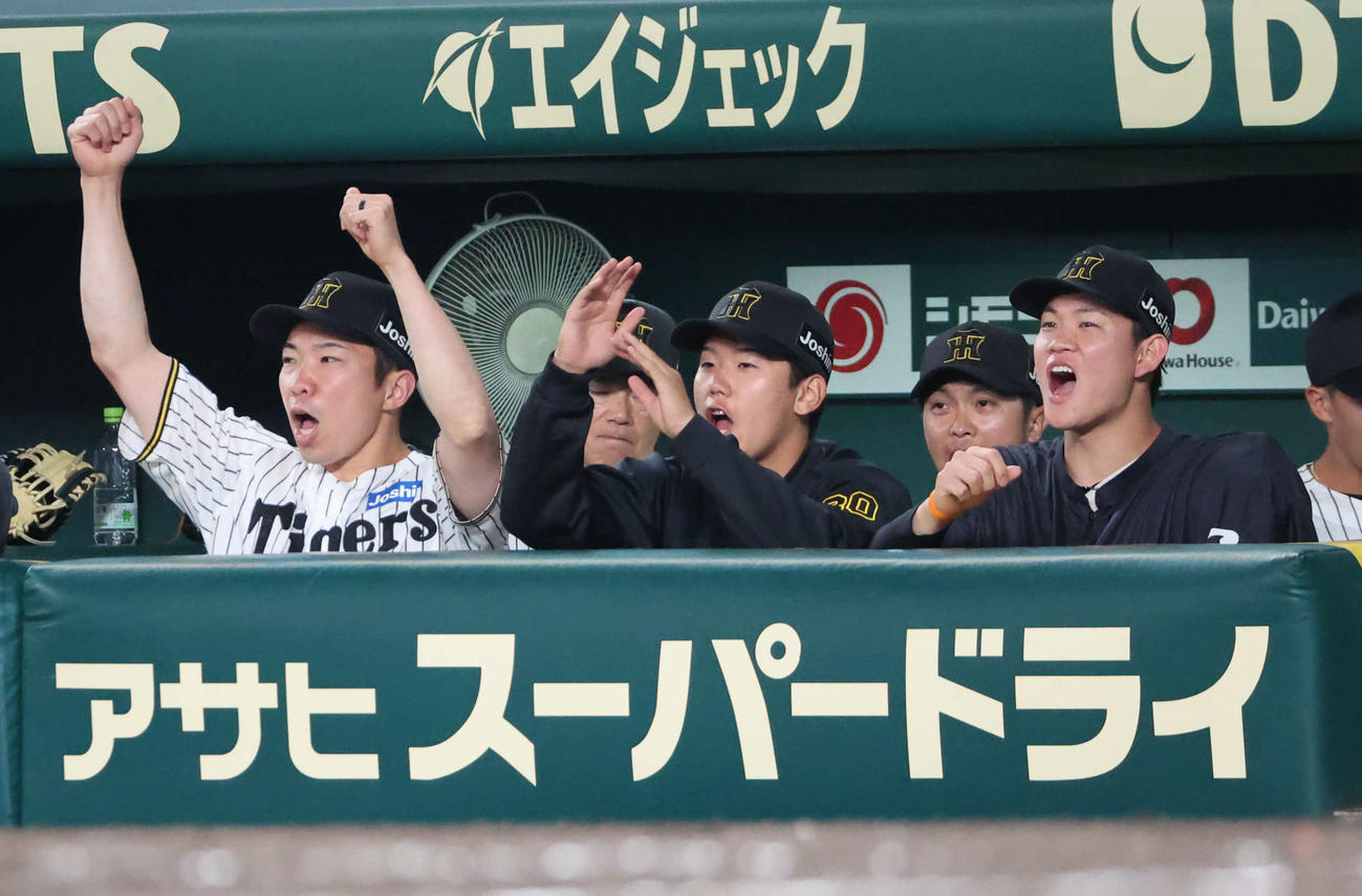 阪神対DeNA　勝利の瞬間、ベンチで喜ぶ阪神門別（中）。左は石井、右は及川（撮影・西尾就之）