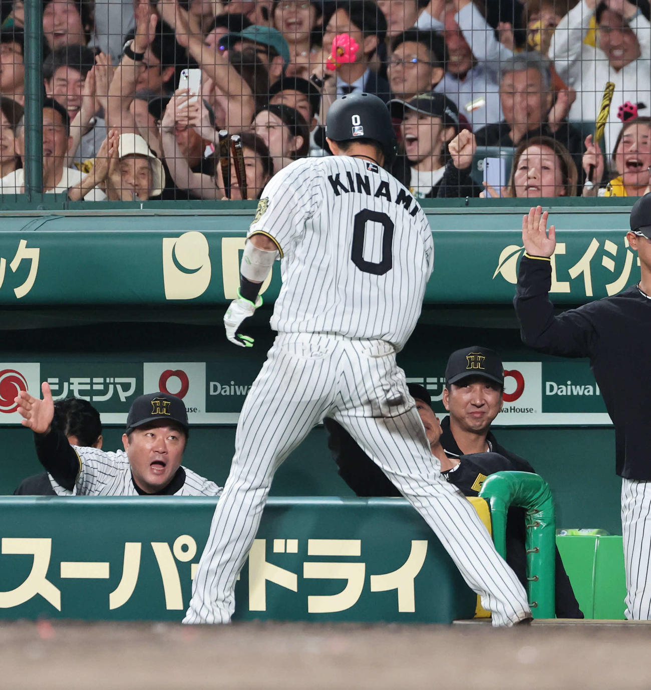 阪神対DeNA 5回裏阪神2死二塁、近本の適時打で生還した木浪聖也を迎える藤川監督（撮影・西尾就之）