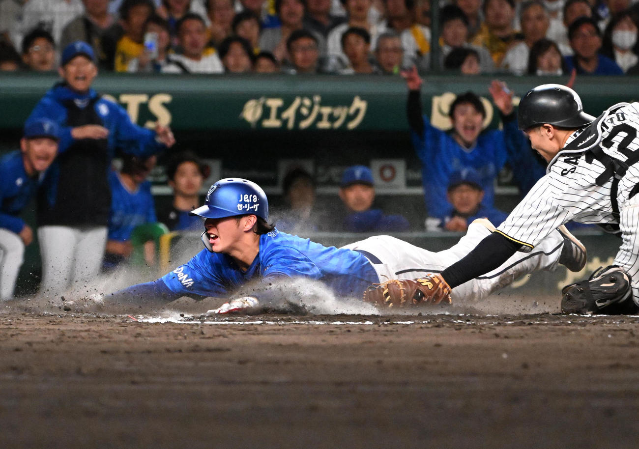 阪神対DeNA 7回表DeNA2死満塁、石上の左適時打で生還する度会（撮影・石井愛子）