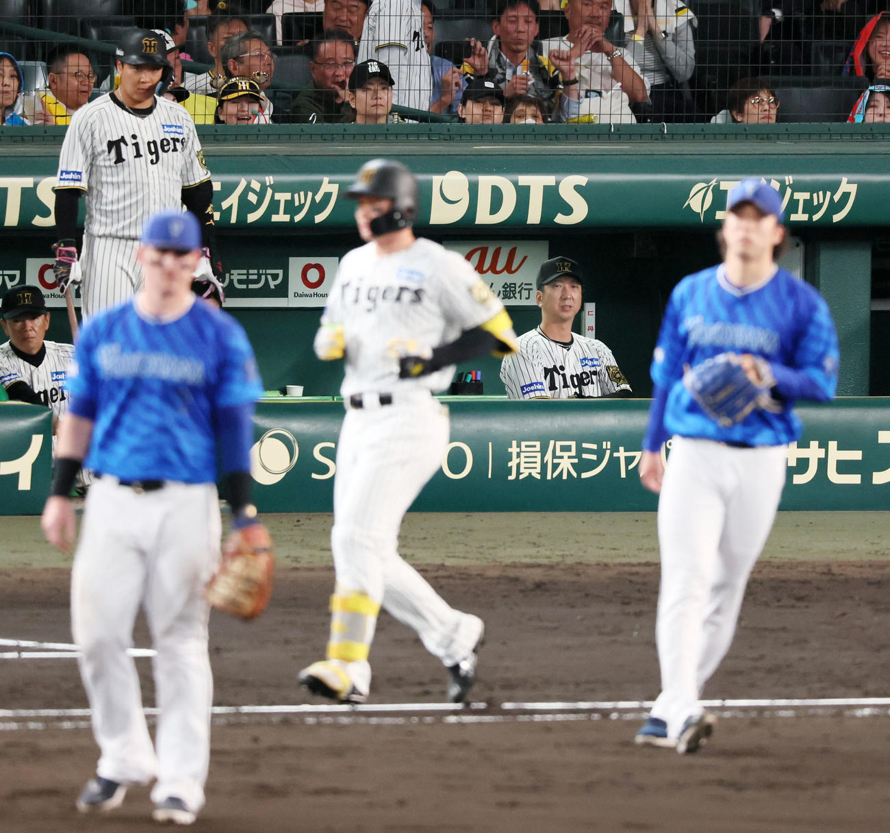 阪神対DeNA 9回裏阪神無死、ベンチの藤川監督は二飛を打ち上げた森下（中央左）の打球を見る（撮影・加藤哉）