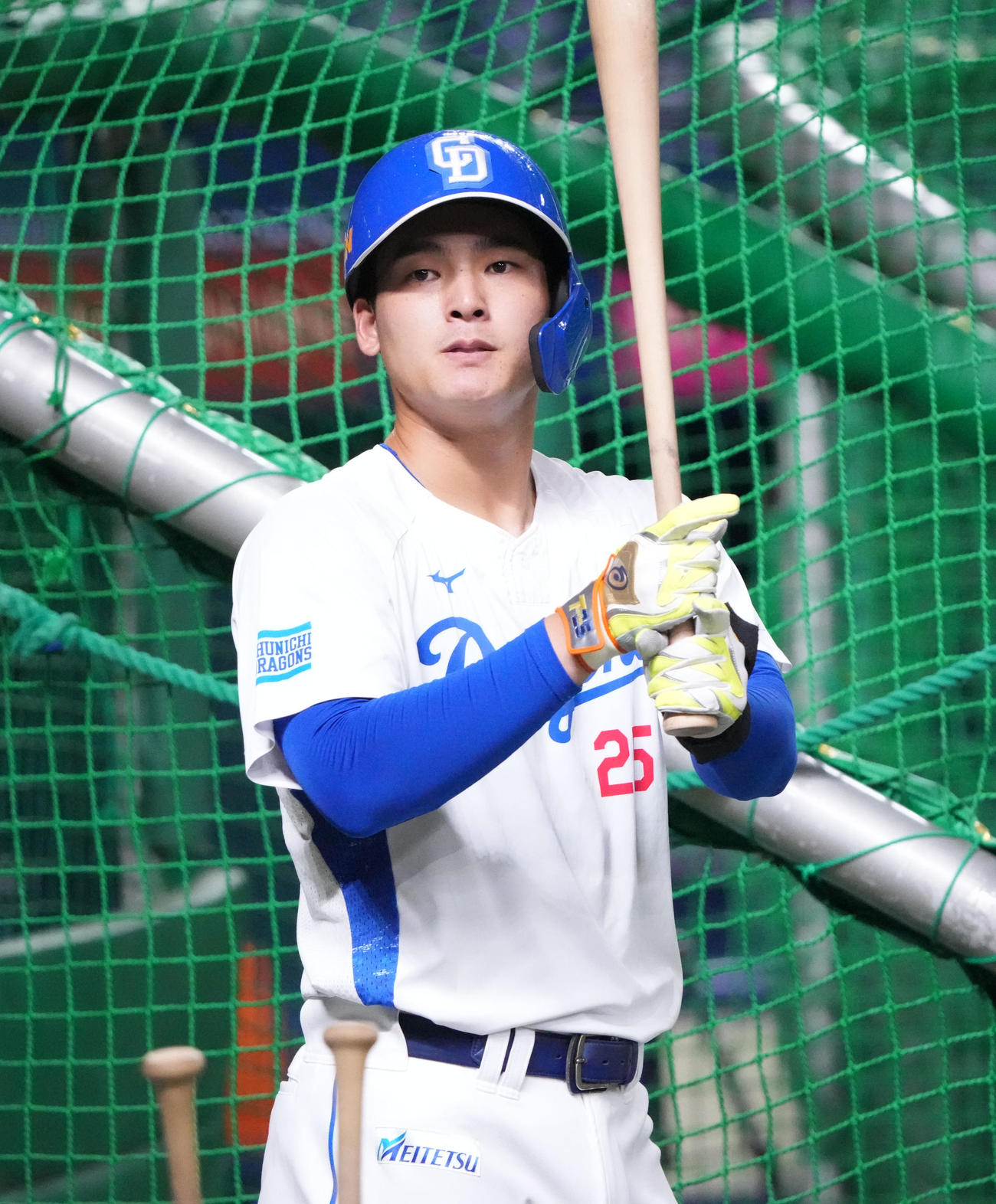 試合前、一軍に合流し打撃練習をする石川昂弥（撮影・森本幸一）