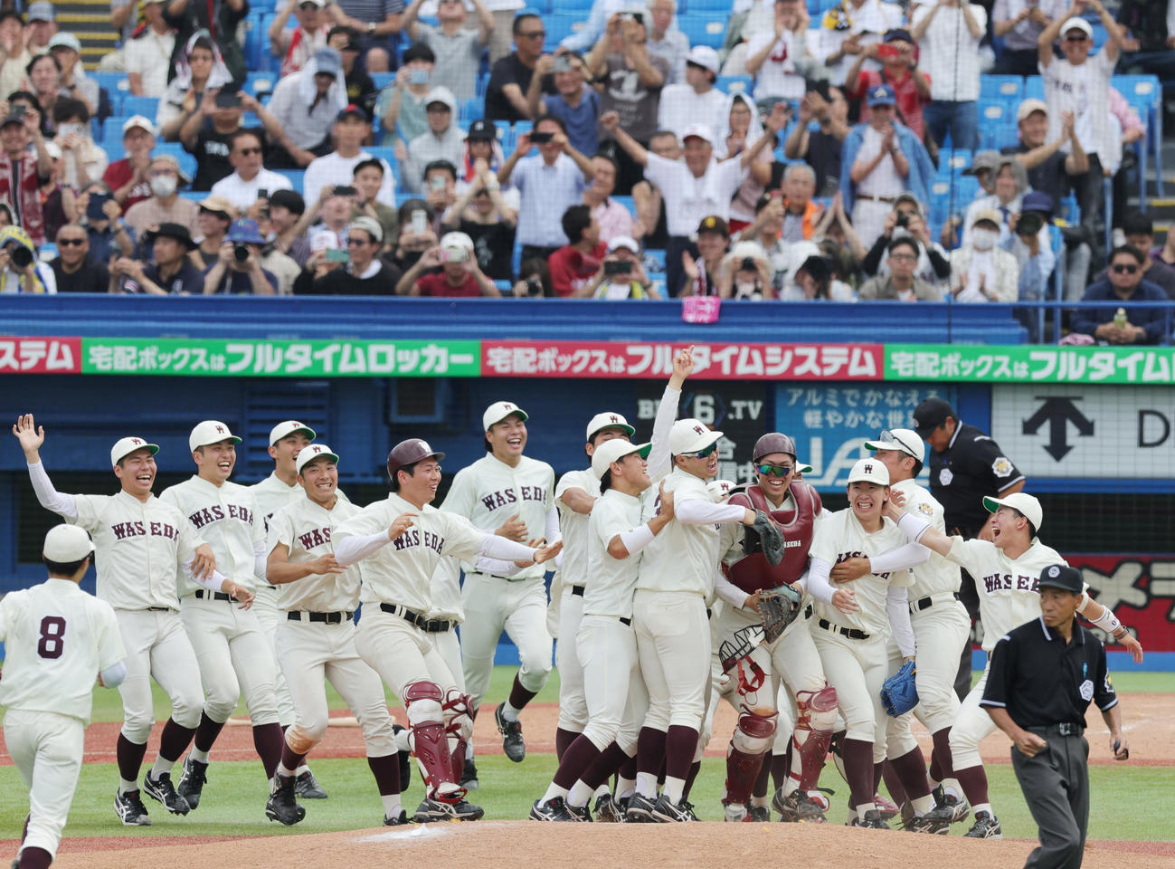 明大対早大　優勝し喜ぶ早大の選手たち（撮影・野上伸悟）