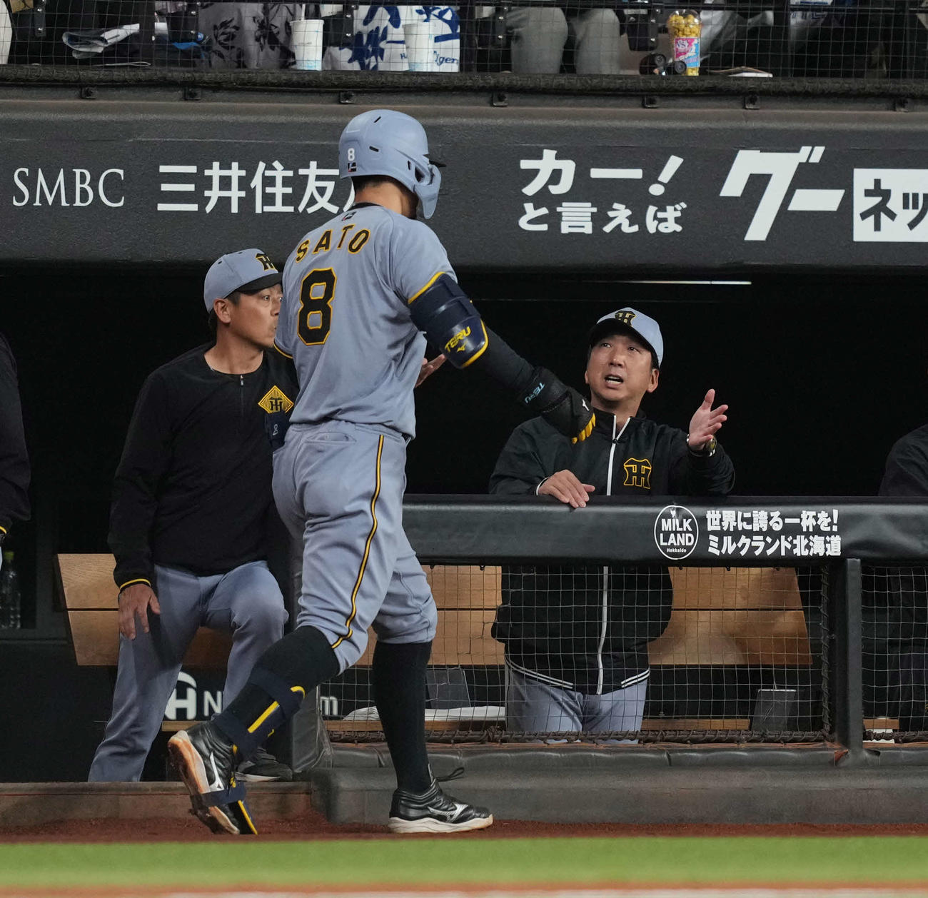 日本ハム対阪神　4回表阪神1死、右越え本塁打を放ち生還した佐藤輝を出迎える藤川監督（右）（撮影・井上学）