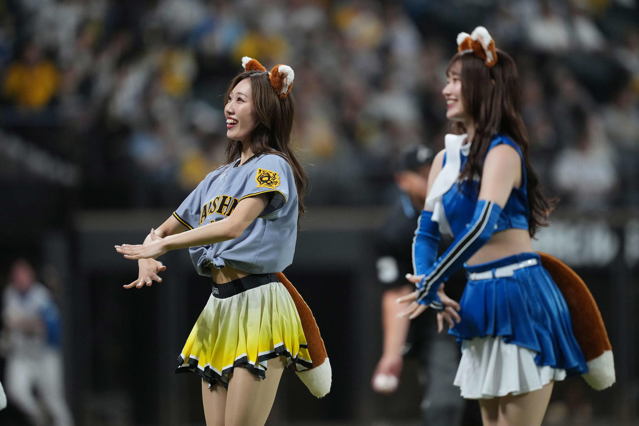 日本ハム対阪神　きつねダンスを踊るファイターズガールとタイガースガールズ（撮影・井上学）