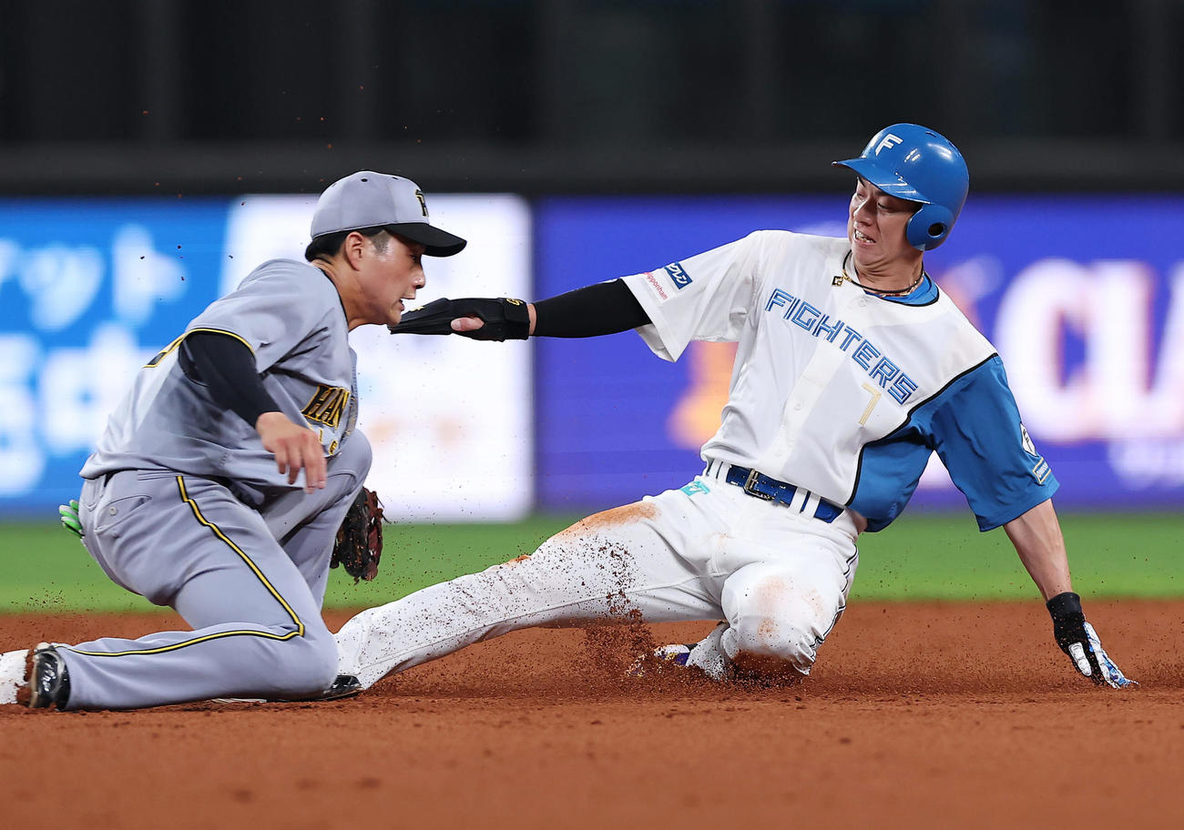 日本ハム対阪神　2回裏日本ハム1死一塁、二盗を決める松本剛。遊撃手木浪（撮影・前田充）