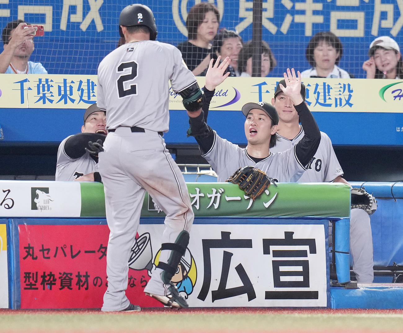ロッテ対巨人　5回表巨人1死、右越えソロ本塁打を放った吉川（手前）を迎える山崎伊（右から2人目）（撮影・鈴木みどり）
