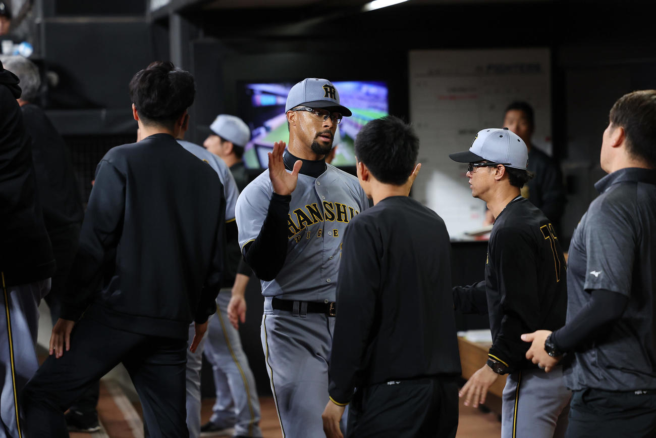日本ハム対阪神　7回裏日本ハム2死一塁、降板となりベンチでタッチを交わす阪神デュプランティエ（中央）（撮影・前田充）