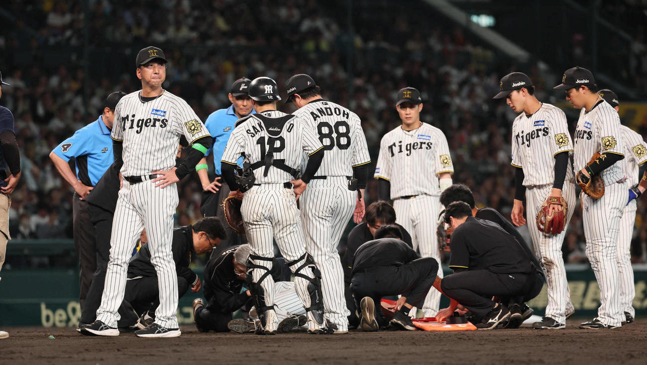 阪神対オリックス　9回表オリックス無死、石井は広岡の打球が直撃し手当を受ける。左は藤川監督（撮影・宮崎幸一）
