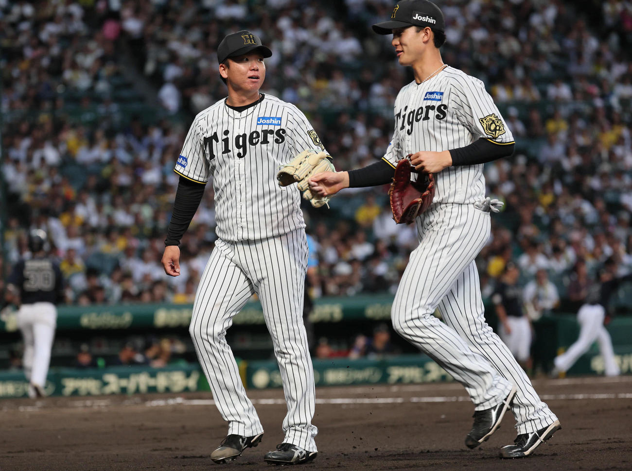 阪神対オリックス　3回表オリックス攻撃終了、村上（左）は好守を見せた小幡を迎える（撮影・宮崎幸一）