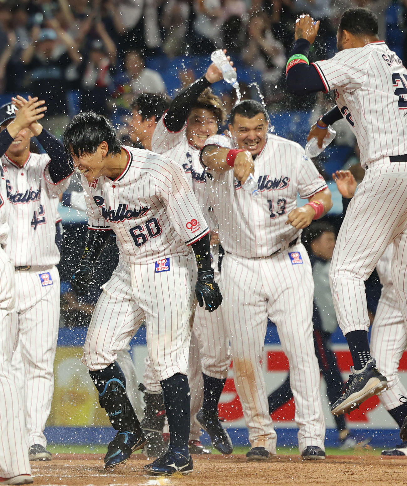 ヤクルト対ソフトバンク　延長10回裏ヤクルト1死、右越えサヨナラソロ本塁打を放ち、チームメートから手洗い祝福を受ける武岡（左）と、9回裏に同点2点本塁打を放ったオスナ（撮影・河田真司）