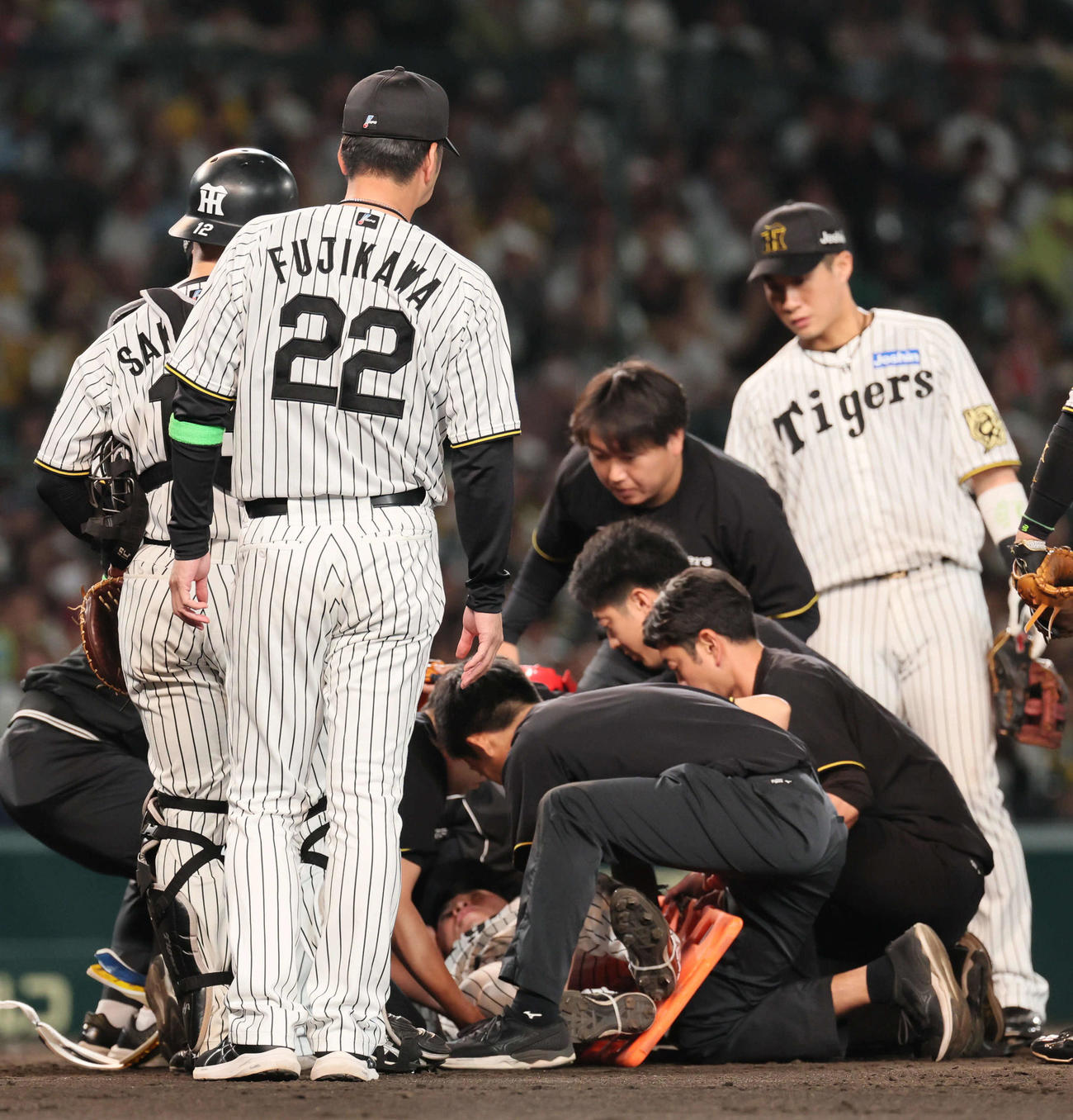 阪神対オリックス　9回表オリックス無死、石井は広岡の打球が直撃し手当を受ける。左は藤川監督（2025年6月6日撮影）