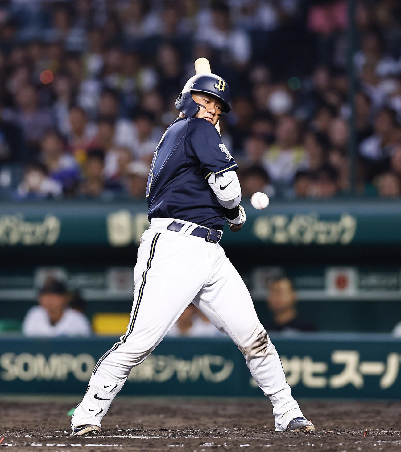 阪神対オリックス　5回表オリックス2死、73キロの球で、死球を受ける森（撮影・藤尾明華）