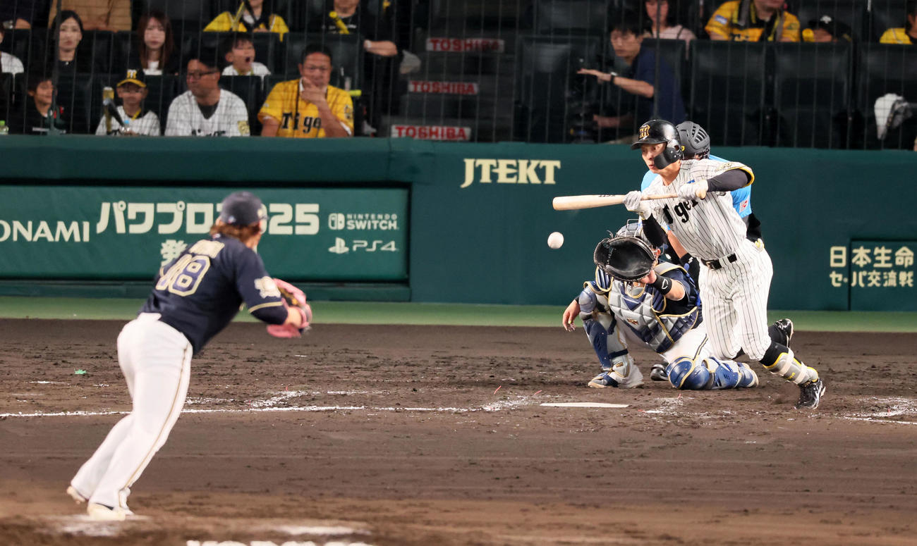 阪神対オリックス　7回裏阪神1死、熊谷は一塁線にセーフティーバントを決める。投手宮城（撮影・加藤哉）