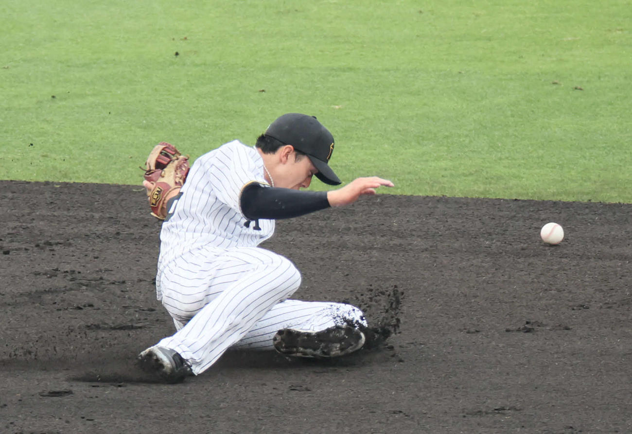 阪神対オリックス　4回表オリックス2死二塁、小幡は頓宮裕打球を追うがボールはグラブの下を抜ける（撮影・宮崎幸一）