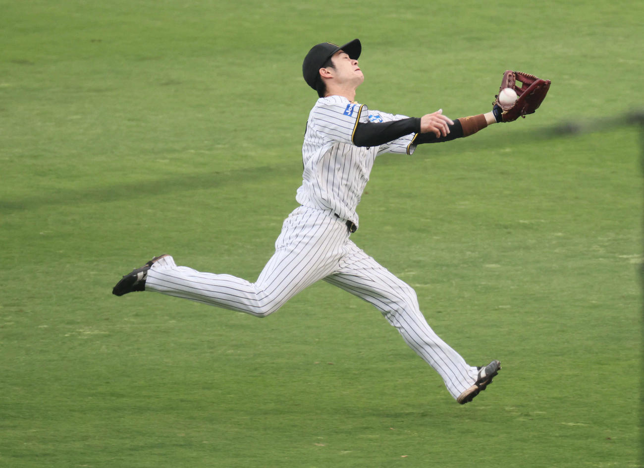 阪神対オリックス　6回表オリックス1死一塁、中野は杉本の飛球を好捕する（（撮影・宮崎幸一）