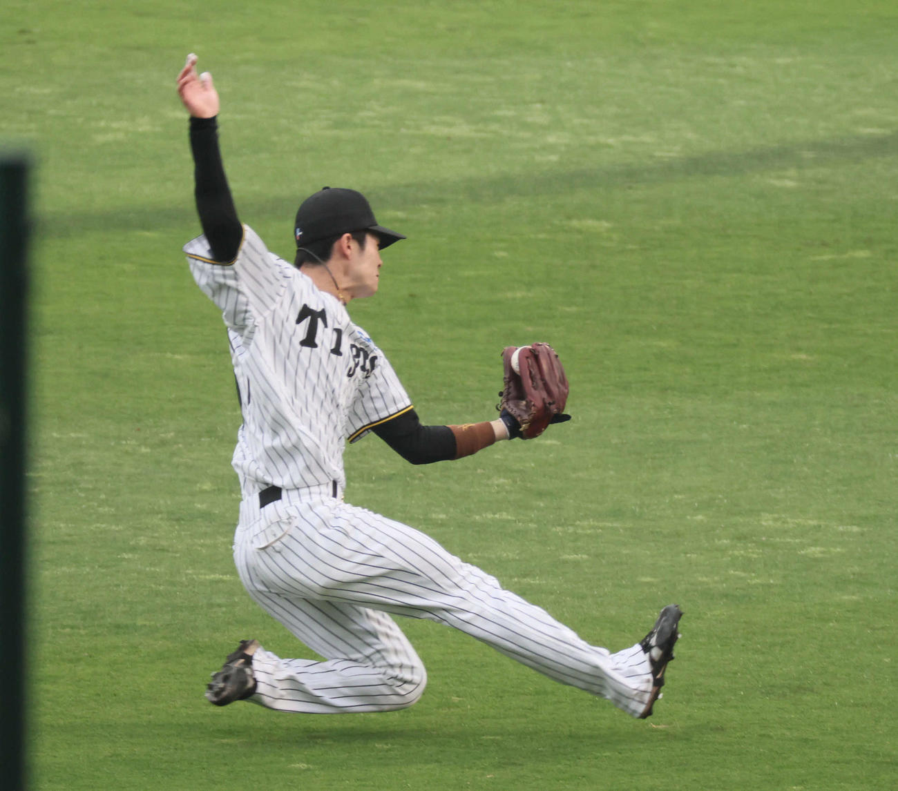 阪神対オリックス　6回表オリックス1死一塁、中野は杉本の飛球を好捕する（（撮影・宮崎幸一）