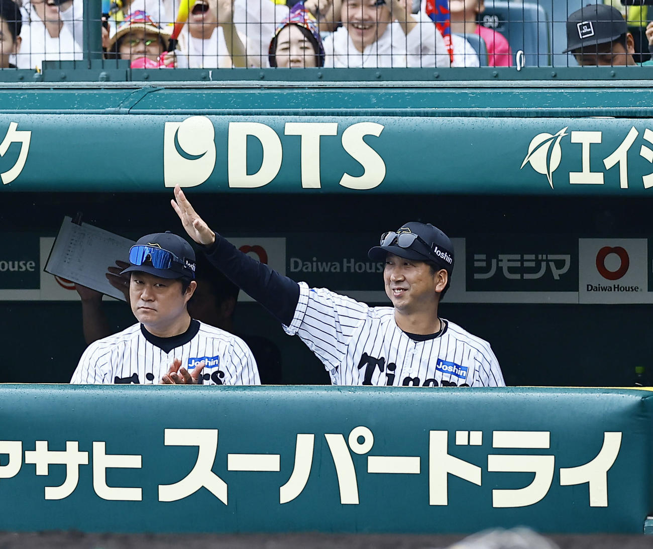 阪神対オリックス　3回裏阪神2死一、二塁、中野の先制適時打で、ベンチで喜ぶ藤川監督（撮影・藤尾明華）