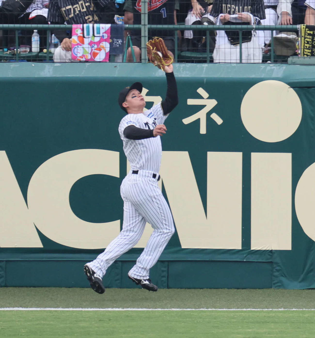 阪神対オリックス　5回表オリックス無死、森下は大城の打球を好捕しフェンスに当たって転倒する（撮影・宮崎幸一）