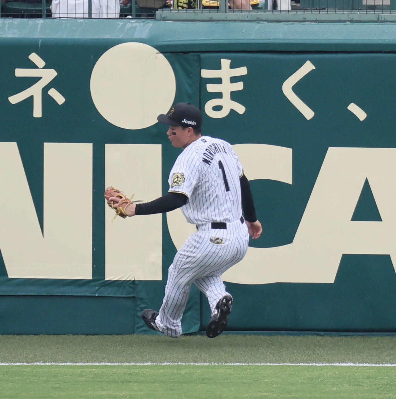 阪神対オリックス　5回表オリックス無死、森下は大城の打球を好捕しフェンスに当たって転倒する（撮影・宮崎幸一）