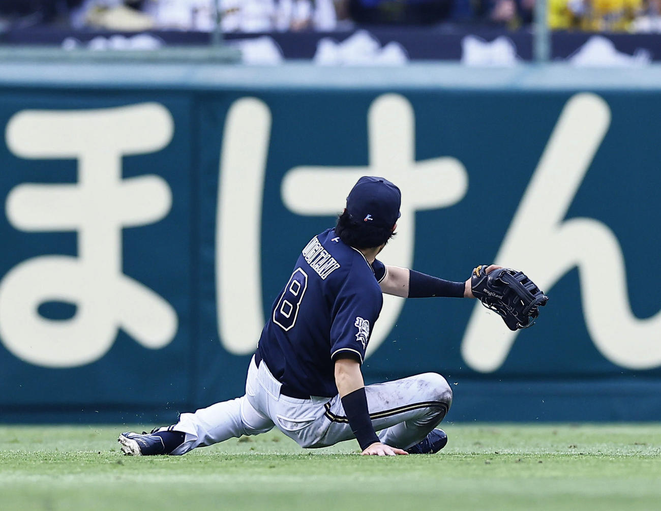 阪神対オリックス　7回裏阪神2死、坂本の中前の打球を後逸する麦谷（撮影・藤尾明華）