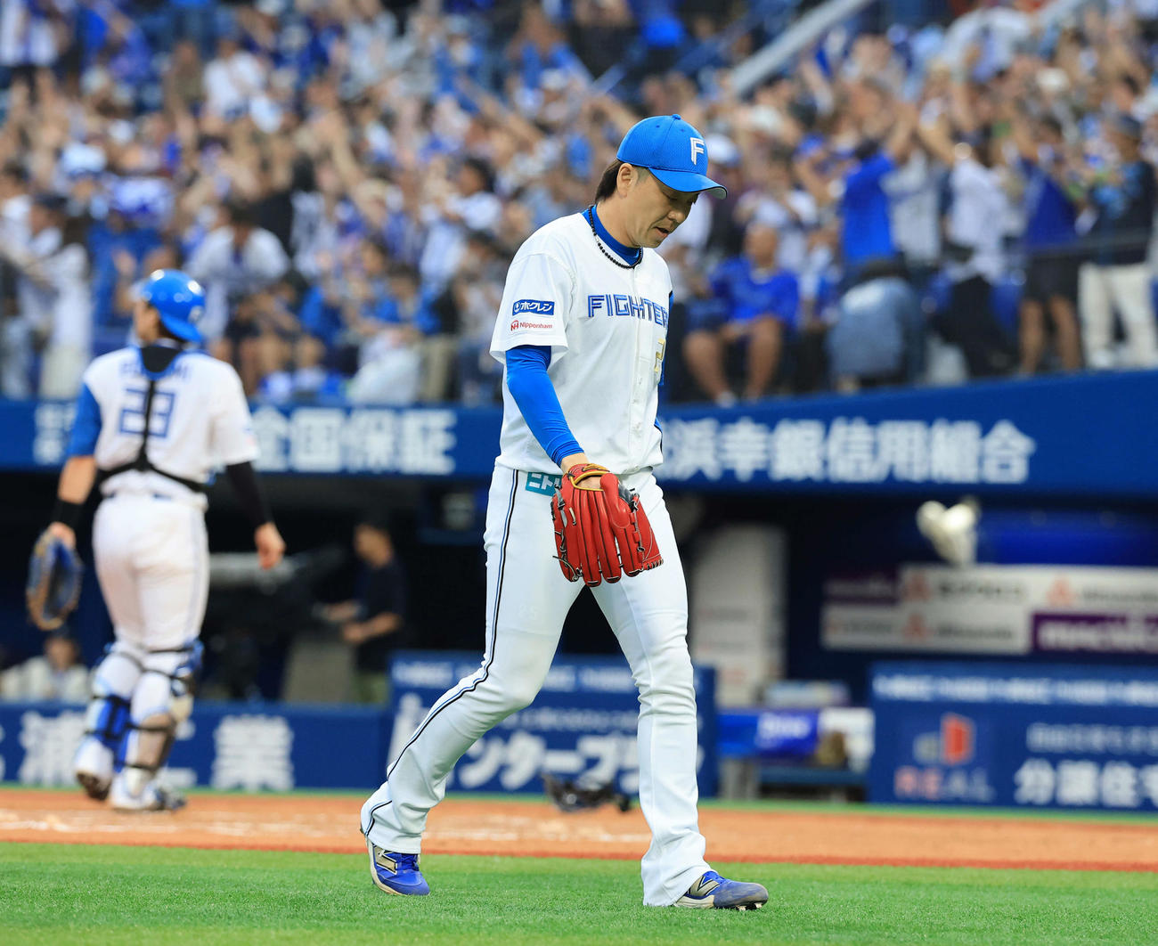 DeNA対日本ハム　10回裏DeNA1死満塁、三森にサヨナラ適時打を許し、がっくり引き揚げる宮西（撮影・浅見桂子）