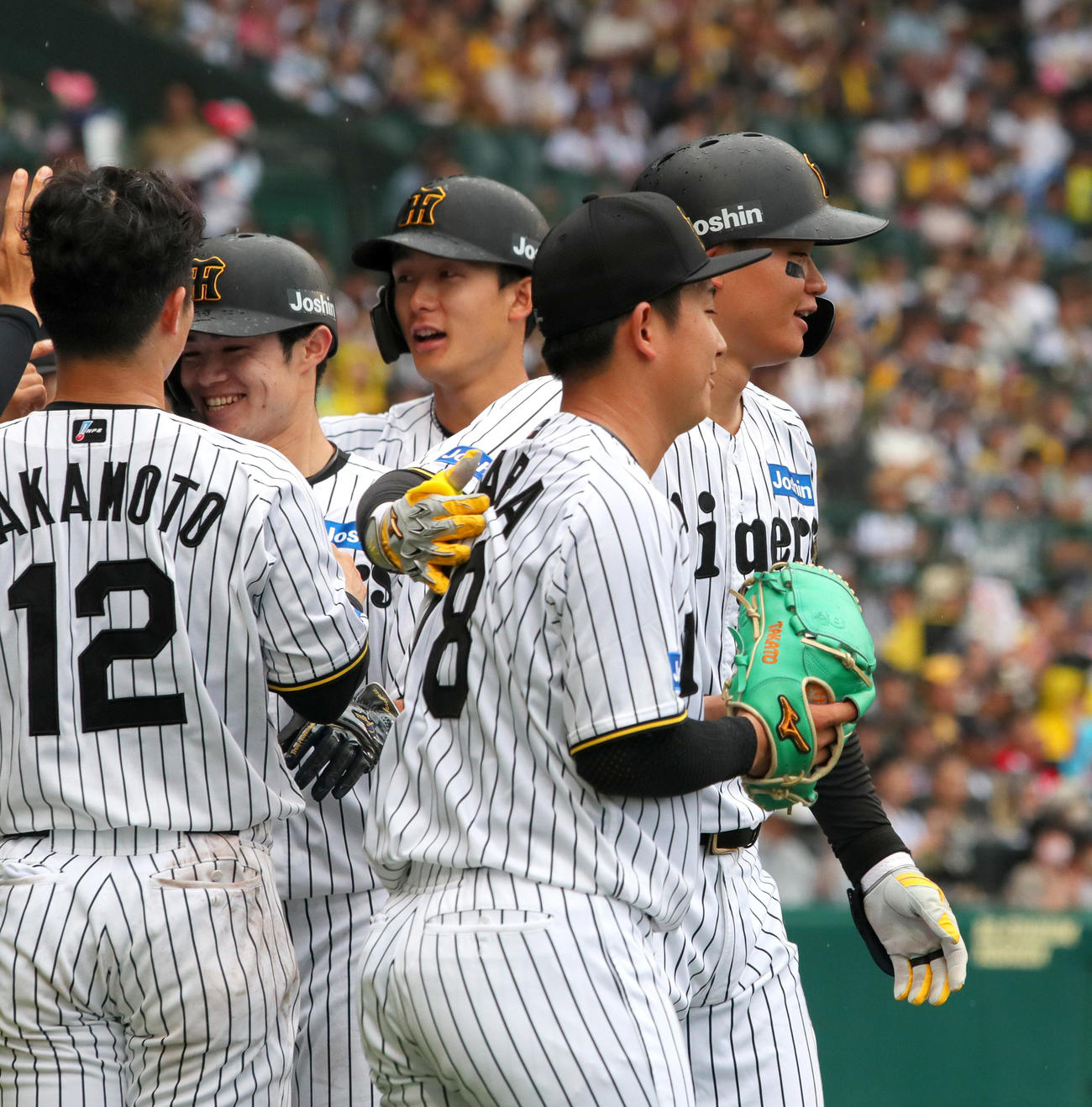 阪神対オリックス　3回裏阪神2死一、二塁、森下（右）は左越え3点本塁打を放ち伊原（右から2人目）から出迎えを受ける（撮影・上山淳一）