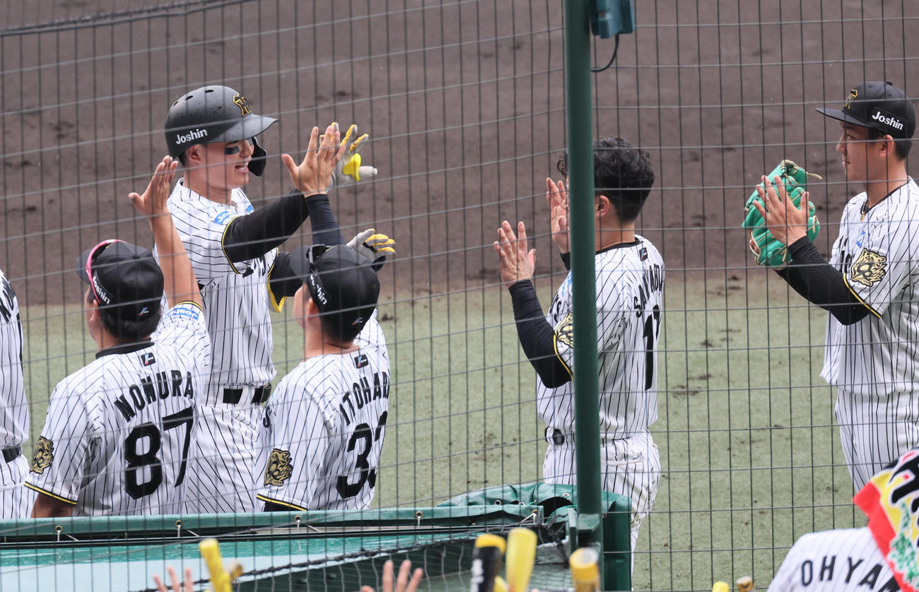 阪神対オリックス　3回裏阪神2死一、二塁、森下は左越え3点本塁打を放ち、右から伊原、坂本らに迎えられる（撮影・宮崎幸一）