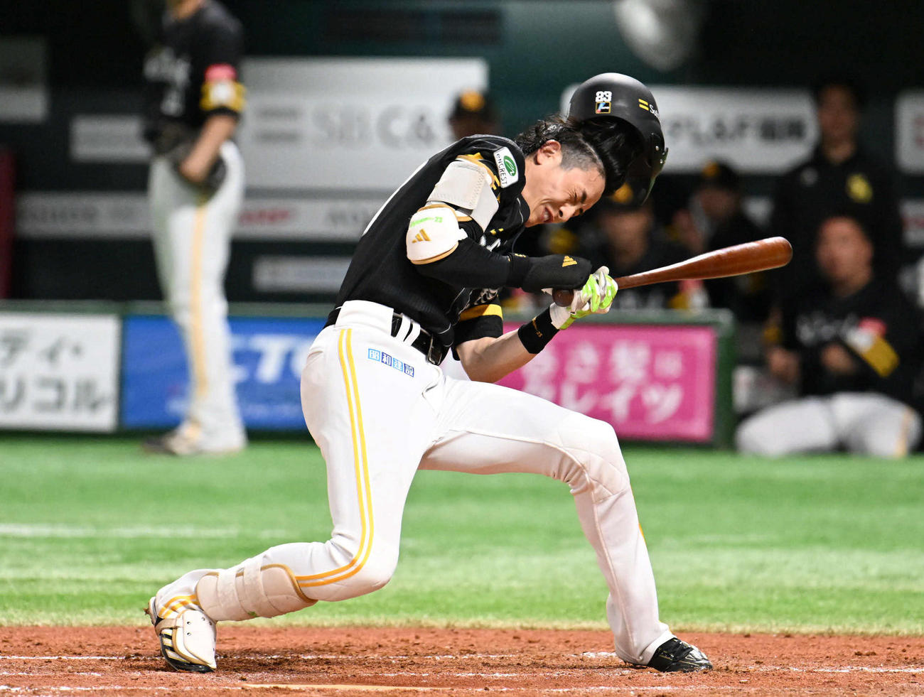 ソフトバンク対読売　2回裏ソフトバンク1死一、二塁、周東は死球を受ける（撮影・林敢治）