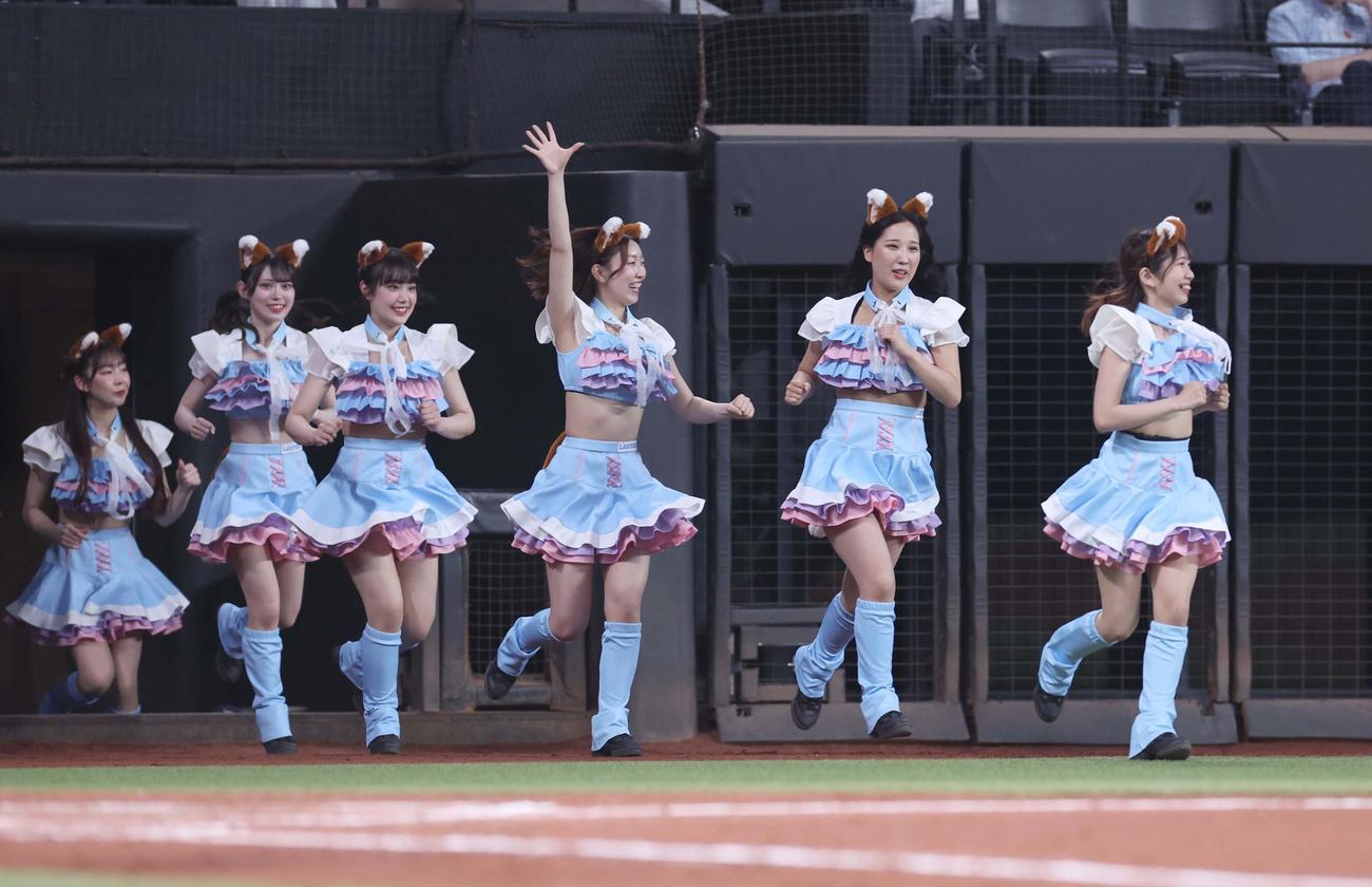 胸元とスカートにフリフリがついた限定衣装で人気の「きつねダンス」を披露したファイターズガール（撮影・黒川智章）