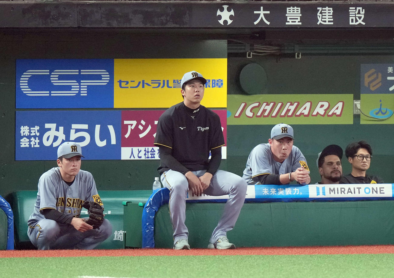 西武対阪神　8回裏、西武に勝ち越しを許しベンチに下がった桐敷拓（右）は、先発の才木と厳しい表情を見せる（撮影・たえ見朱実）