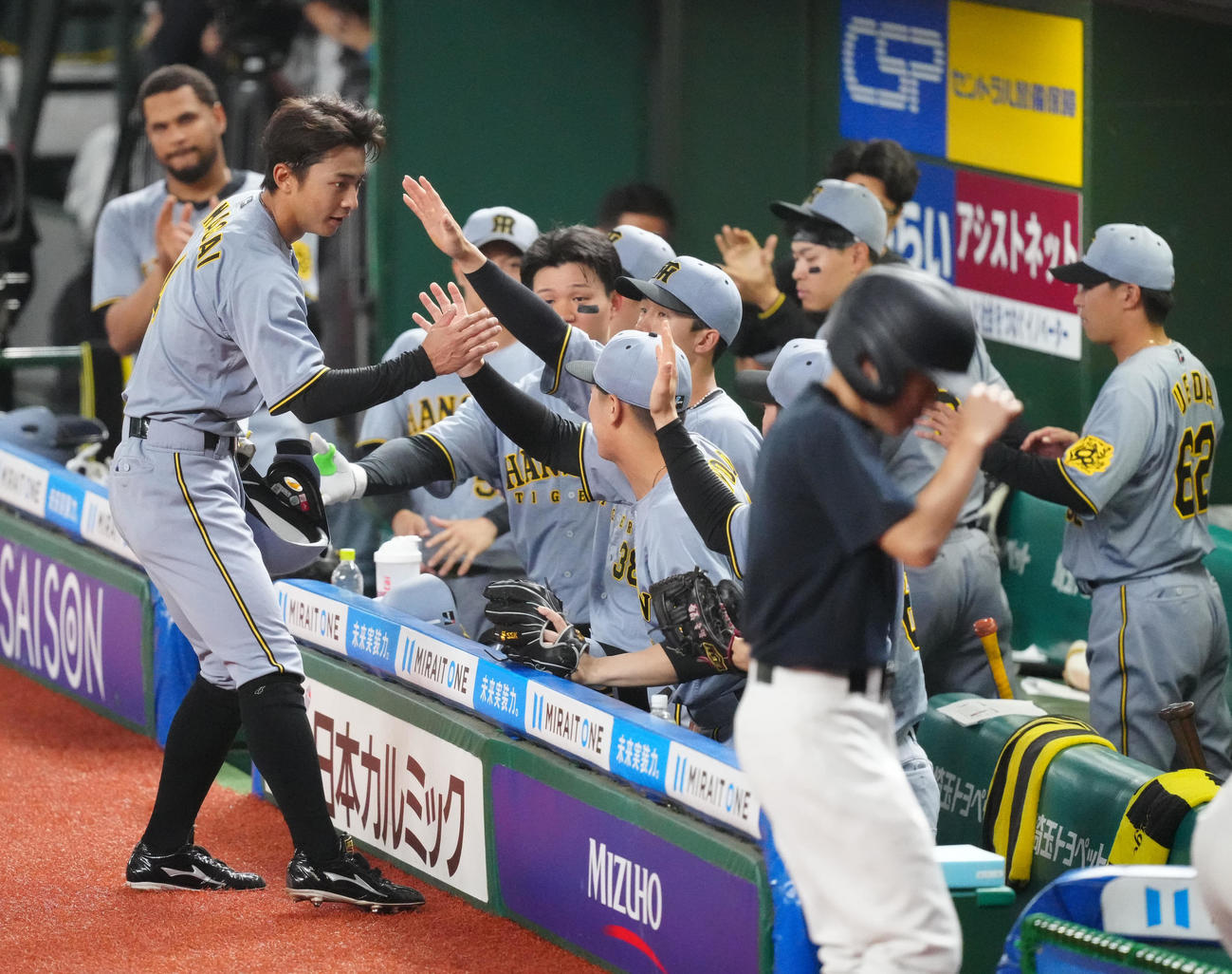 西武対阪神　2回表終了後、ベンチでチームメートとタッチを交わす阪神熊谷（左端）（撮影・江口和貴）