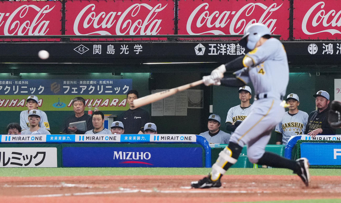 西武対阪神　2回表阪神2死一、三塁、先制適時打を放った熊谷（手前）を見つめる藤川監督（後方右から3人目）ら（撮影・江口和貴）