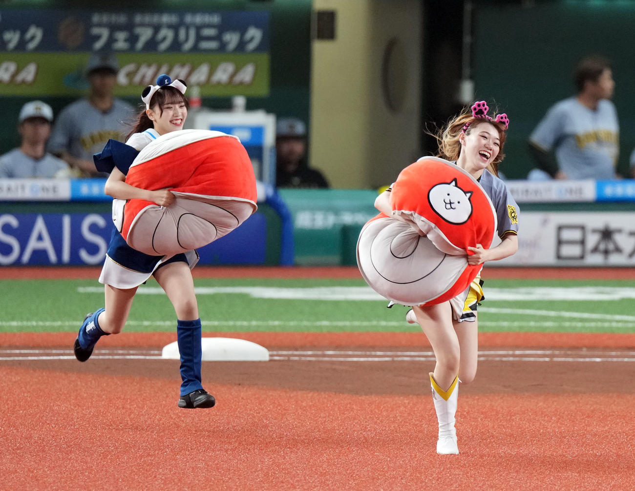 西武対阪神　試合前、リレー対決を行った両チームチア（撮影・たえ見朱実）