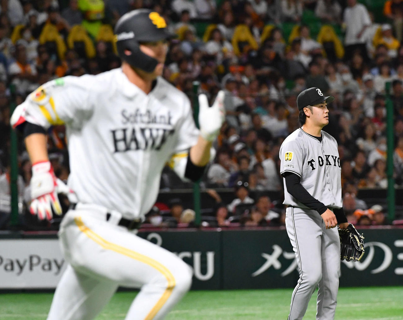 ソフトバンク対巨人　5回裏ソフトバンク2死、秋広（左）を二ゴロに抑えた西舘（撮影・岩下翔太）