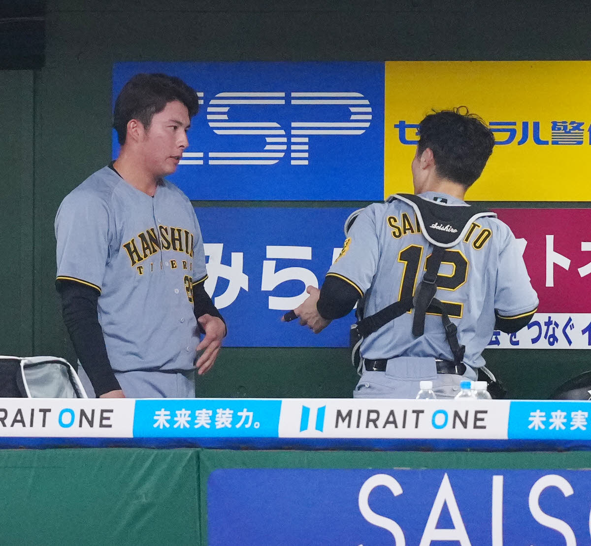 西武対阪神　7回裏終了後、ベンチで阪神捕手坂本（右）の話を聞く3番手の椎葉（撮影・江口和貴）