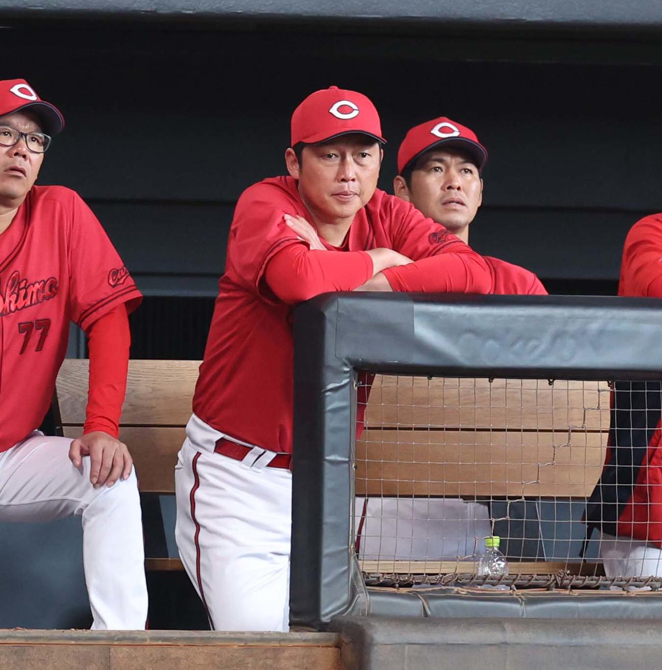 日本ハム対広島　試合を見つめる新井監督（撮影・黒川智章）