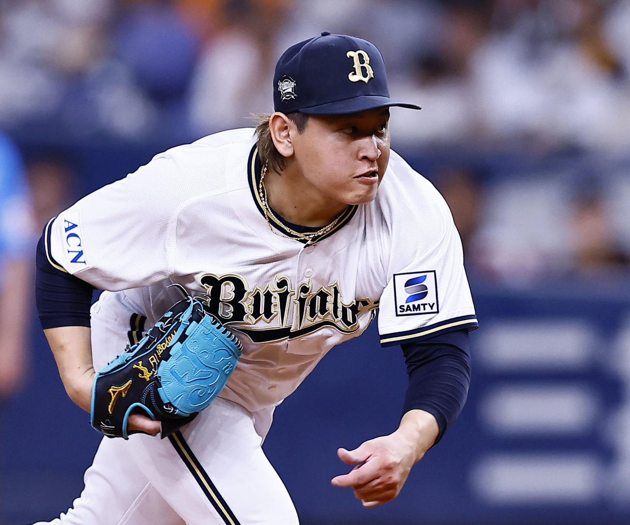 オリックス対巨人　6回、力投するオリックス宮城（撮影・藤尾明華）