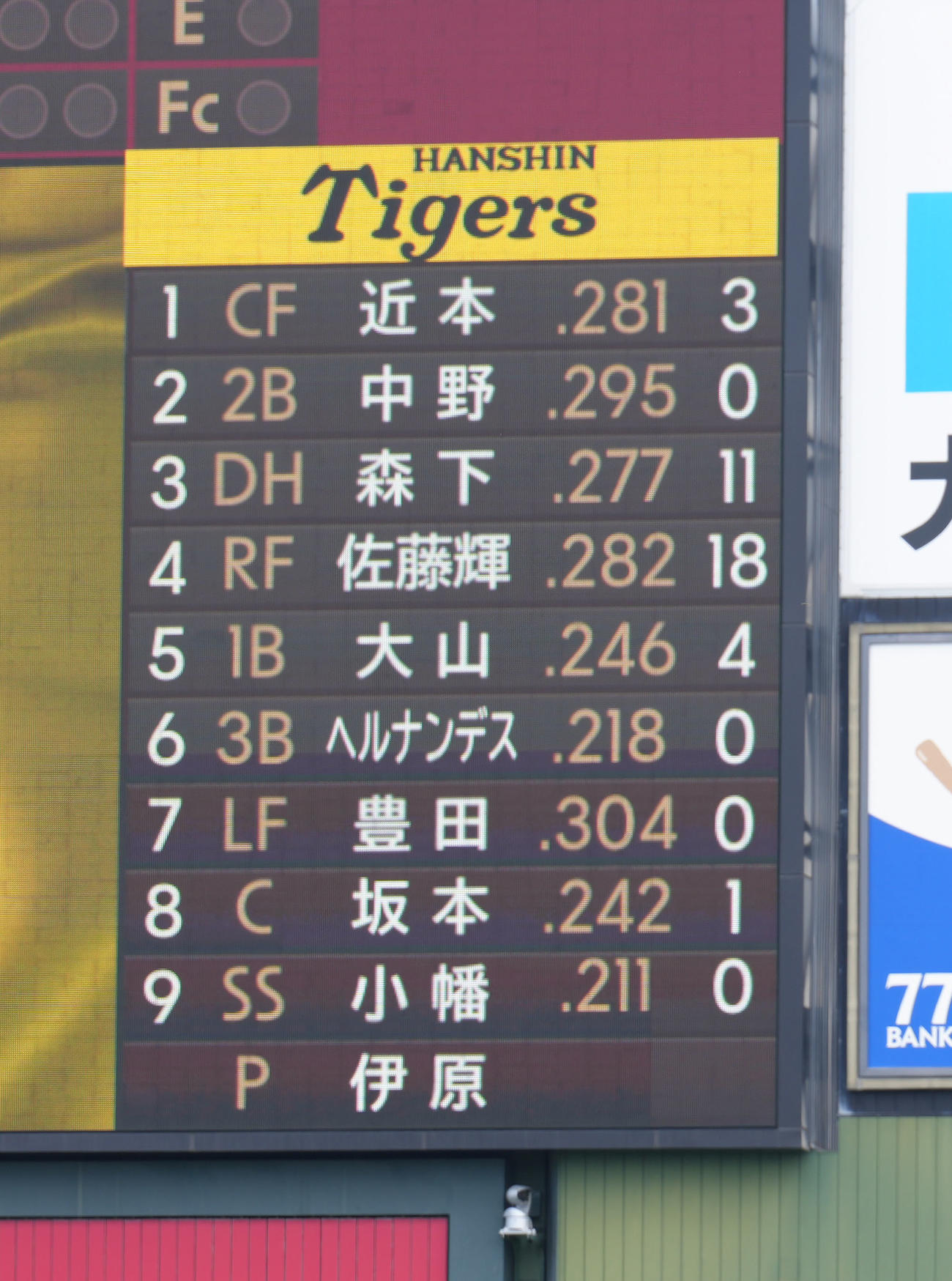 楽天対阪神　阪神のスタメン（撮影・足立雅史）