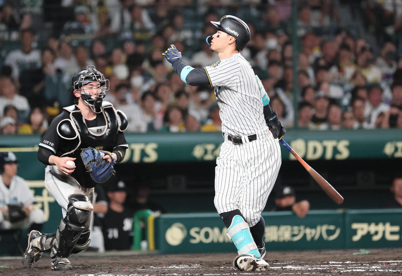 阪神対ロッテ　6回裏阪神1死、佐藤輝は空振り三振に倒れる（撮影・宮崎幸一）