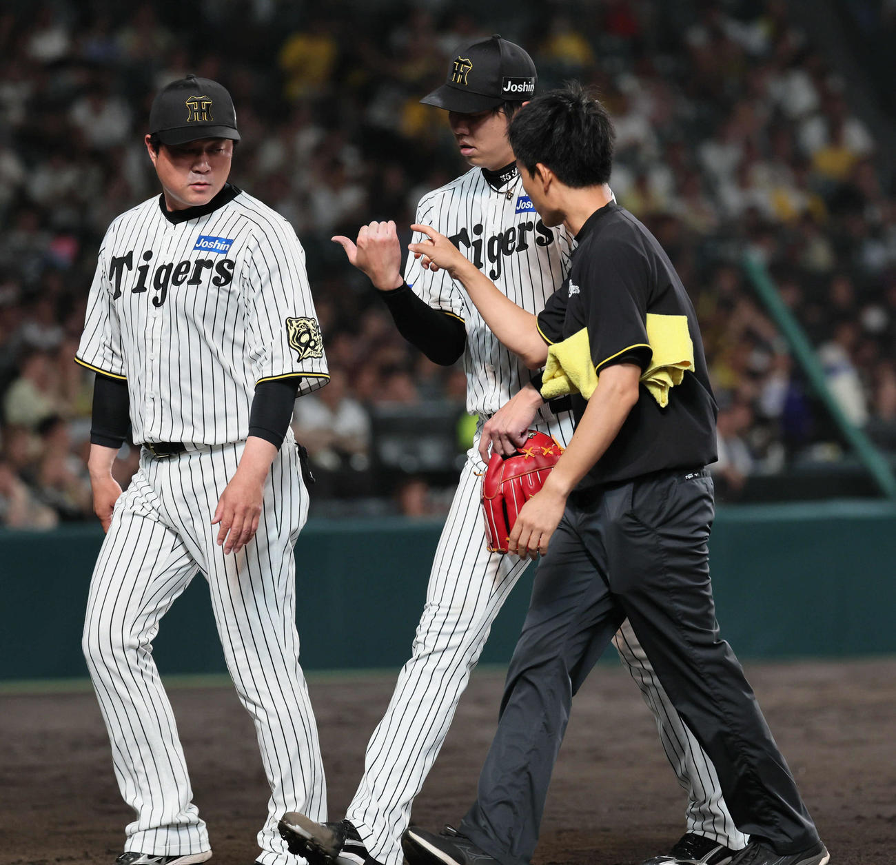阪神対ロッテ　7回表ロッテ2死二、三塁、高部の打球を右手に受けた才木は治療に向かう（撮影・宮崎幸一）